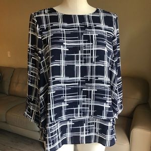 New CHAUS New York Top Double Layer Navy and White Blouse 3/4 Sleeves Sz S
